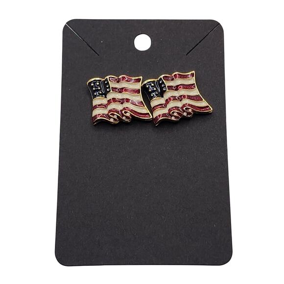 Vintage USA Waving Flags Enamel Red White Blue Gold Trim Pierced Earrings - Picture 2 of 5